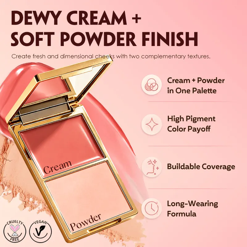 Wholesale Duo Gold Pressed Powder Luxury Orange Blush Palette Custom logo Cream Powder Lip and Cheek Waterproof Blusher