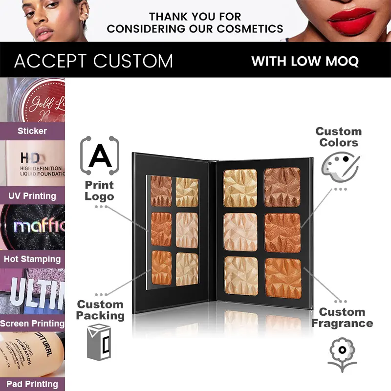 Custom Logo High Quality Pressed Powder Waterproof Light Weight Brighten Glitter Bronzer Highlighter Palette Shimmer High
