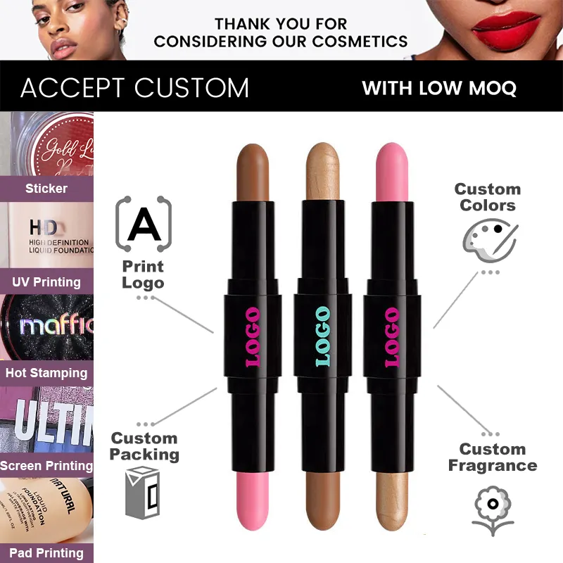 Private Label Custom Logo Waterproof 2in1 Makeup Cream Blush Contour Highlighter Stick High Pigment Long Lasting Formula for