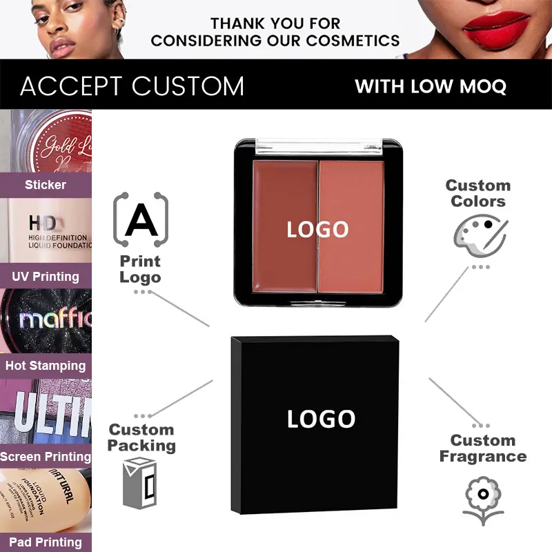 New Cosmetics Long Lasting 2 in 1 Matte Blush Private Label 2 Colors Pressed Powder Cheek Blush Palette