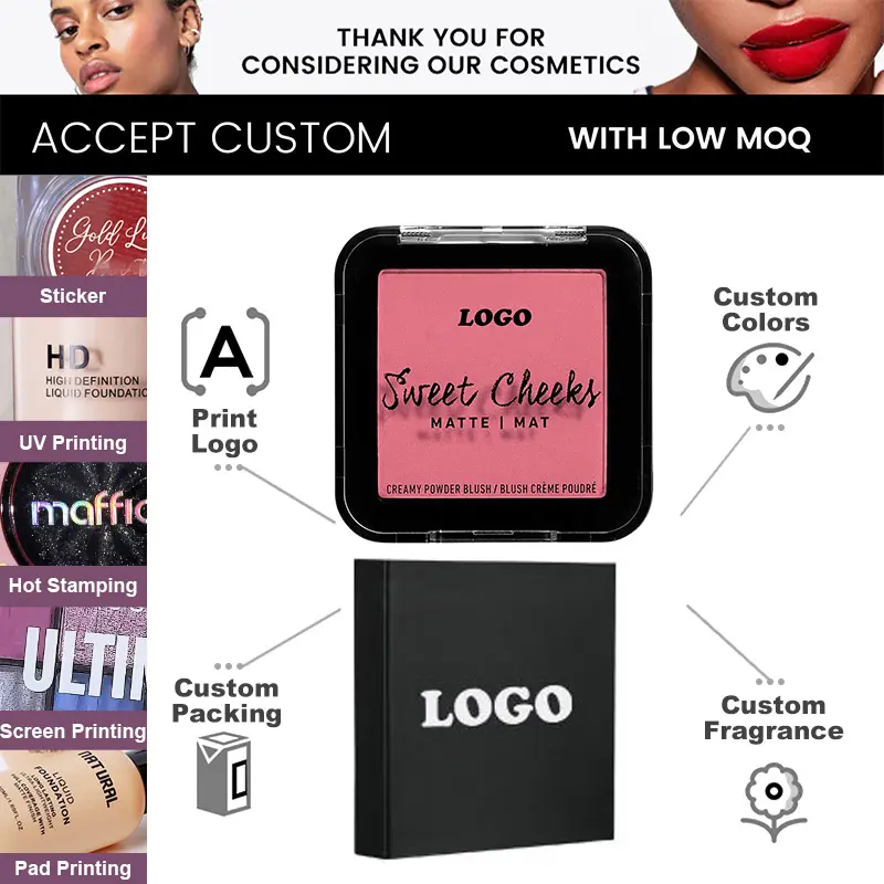 Wholesale 14 Colors Vegan Mineral Blush Powder Matte Finish Private Label Long Lasting Waterproof Face Cosmetics Pink Blush