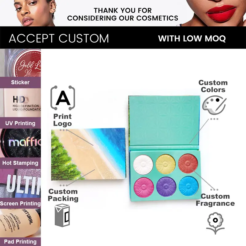 Private Label Custom 6 Colors Highlighter Palette Face Contour Bronzer Shimmer Highlighter Makeup Palette Pressed Powder