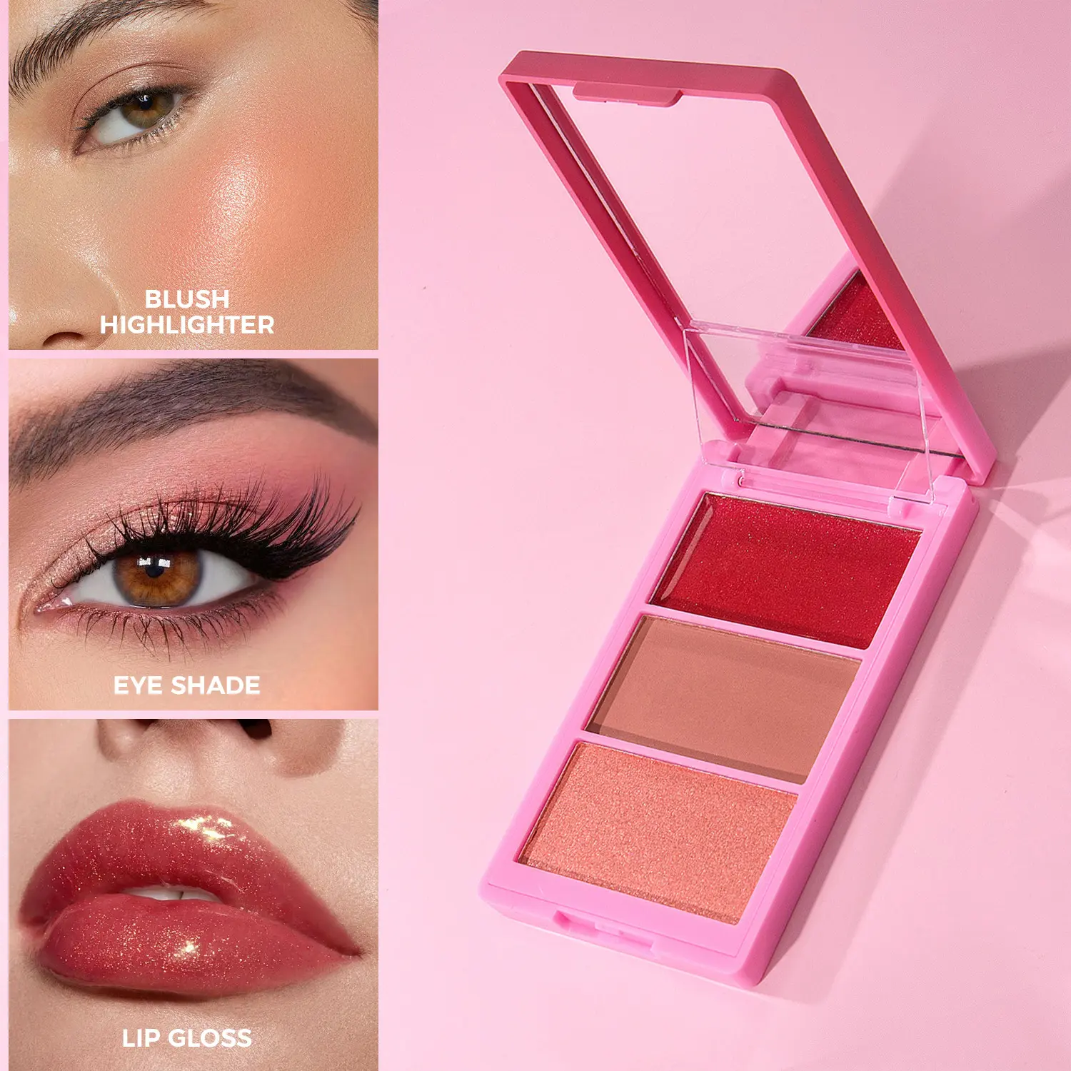 Custom Logo Vegan Cruelty Free Long Lasting High Pigment Pressed Powder 3 in a Face Cheek Cream Blush Private Label Palette