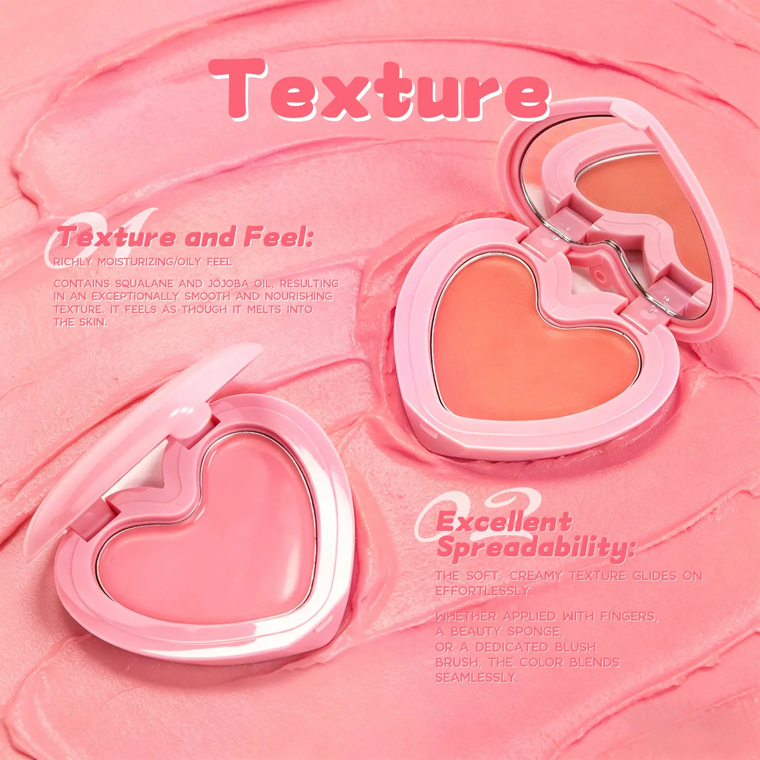 Wholesale Vegan Heart Cream Blush Compact Dewy Natural Glow Matte Finish Waterproof High Pigment Regular Size Face Blusher