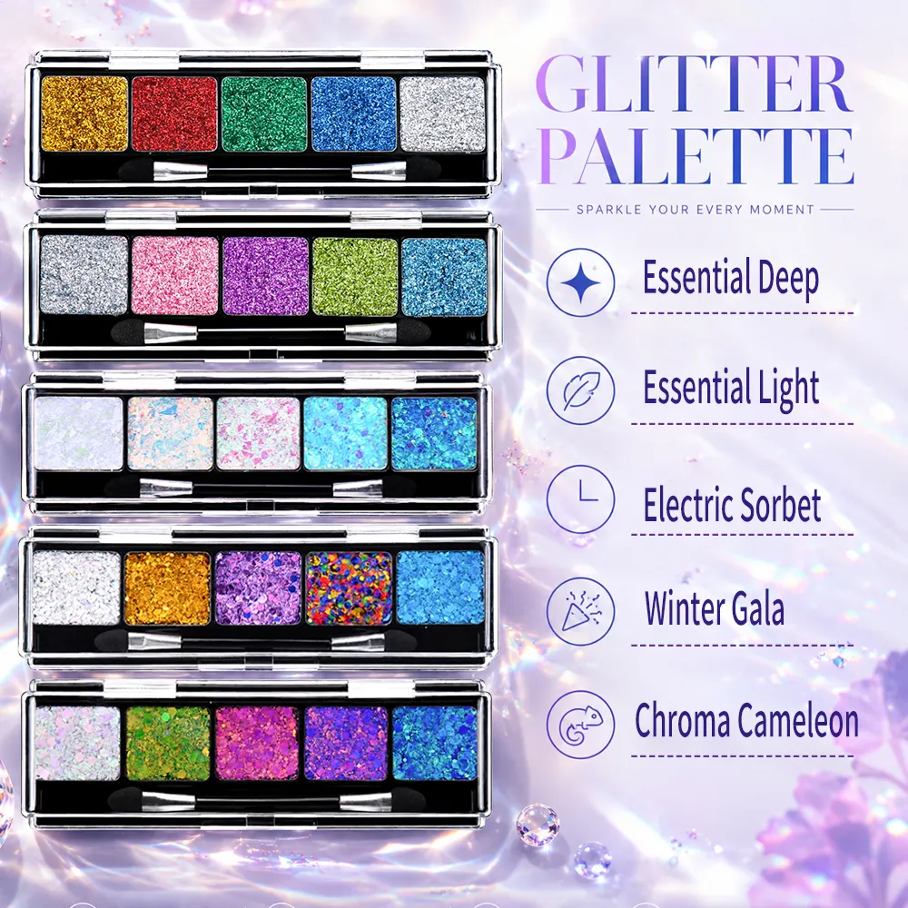 Private Label 5 Color Pressed Glitter Eyeshadow Palette No Glue Self Adhering Gel Formula Face Body Hair Vegan Festival
