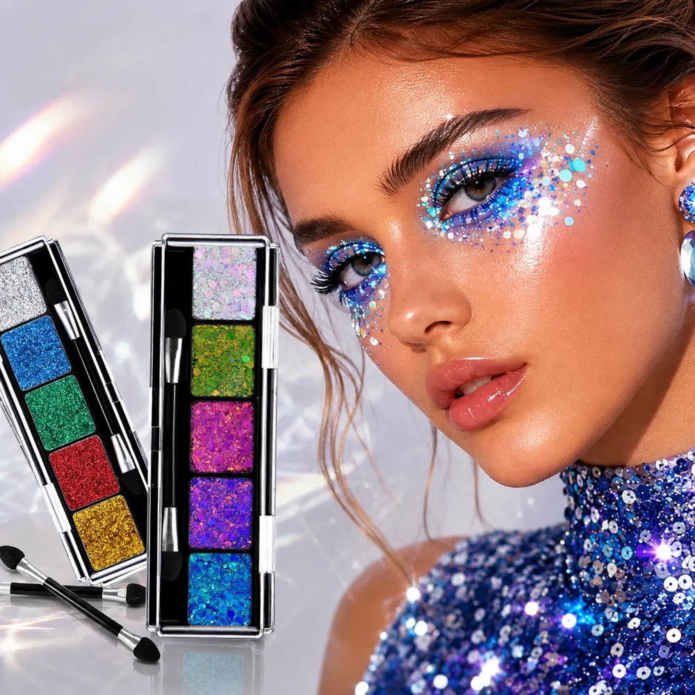 Private Label 5 Color Pressed Glitter Eyeshadow Palette No Glue Self Adhering Gel Formula Face Body Hair Vegan Festival