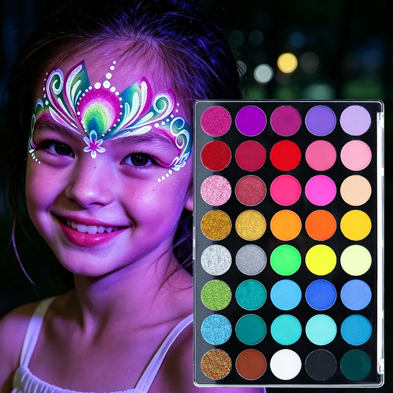 Custom Logo 40 Matte Neon Pearlescent Glitter Face Paint Palette Water Activated Easy Wash Off No Staining High Pigment