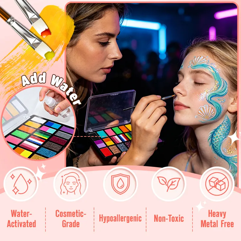 Wholesale Split Cake Rainbow Neon Face Body Paint Set Glitter Hypoallergenic One Stroke Smudge Proof Water Activated