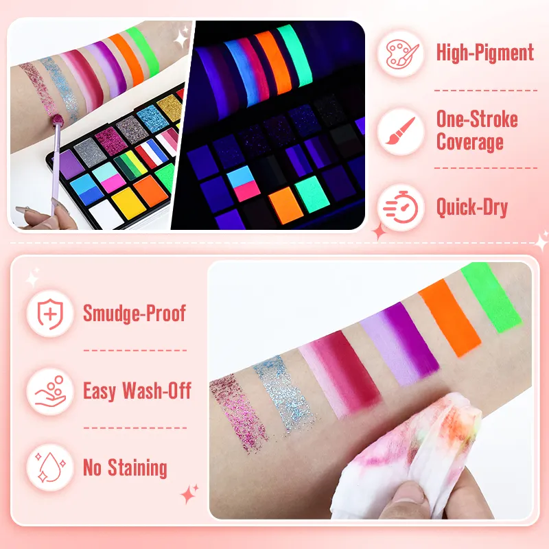 Wholesale Split Cake Rainbow Neon Face Body Paint Set Glitter Hypoallergenic One Stroke Smudge Proof Water Activated