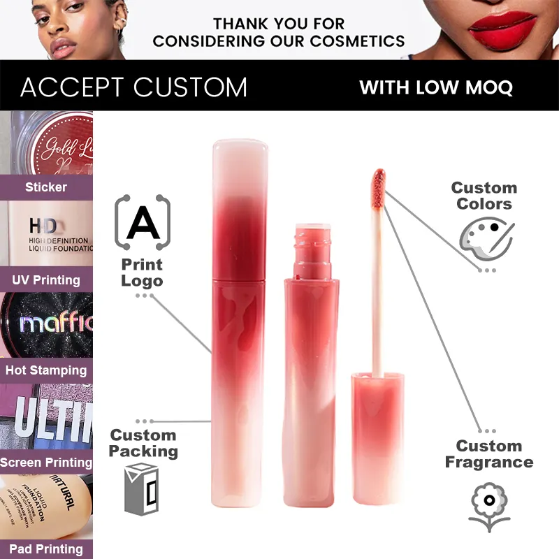 Matte Waterproof Lip Gloss with Gradient Tube High Pigment Non Stick Cup Low Moq Custom Private Label Lipgloss