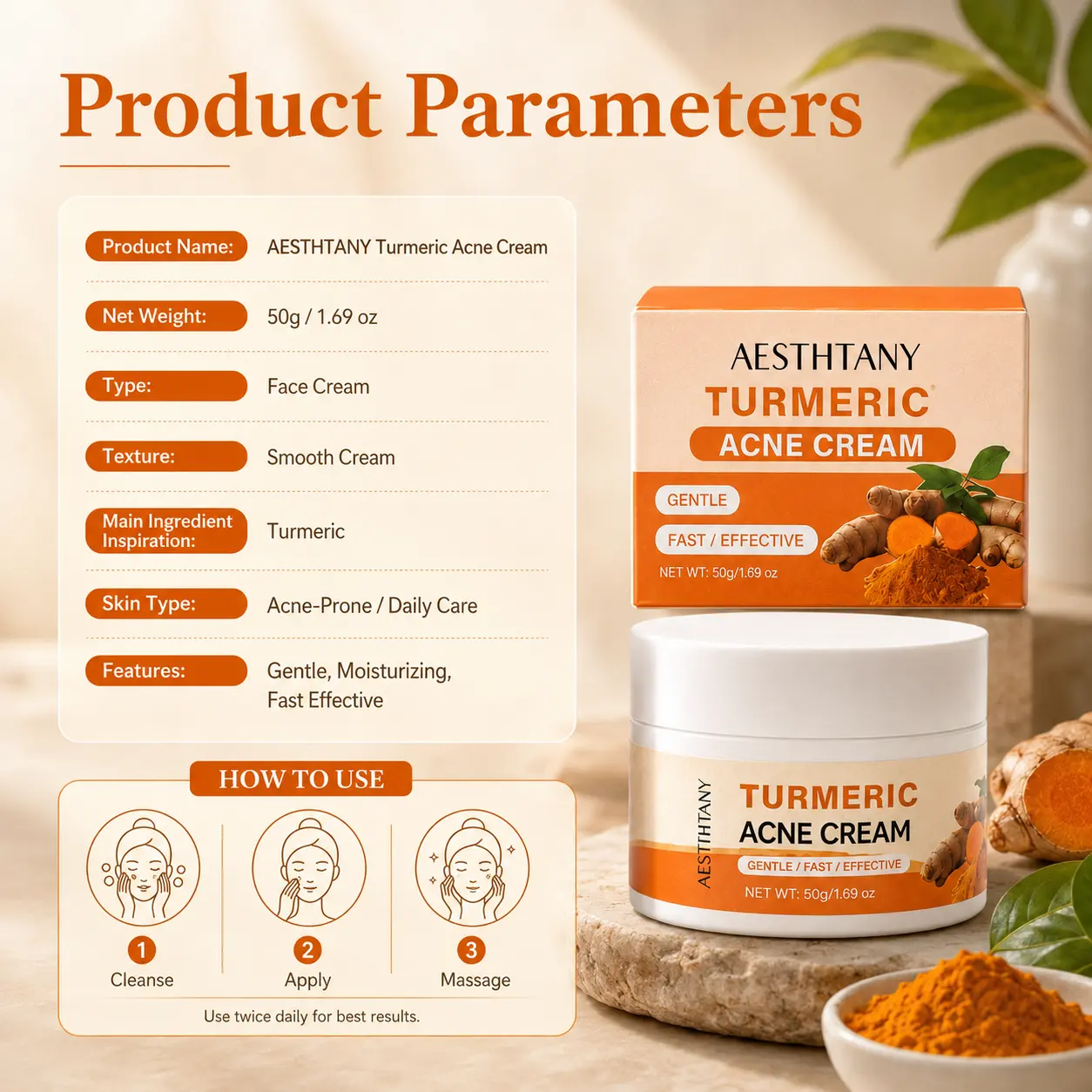Wholesale OEM Organic Vitamin C Turmeric Face Cream Skin Lightening Whitening Acne Relief Anti-Aging Dark Spots Vegan