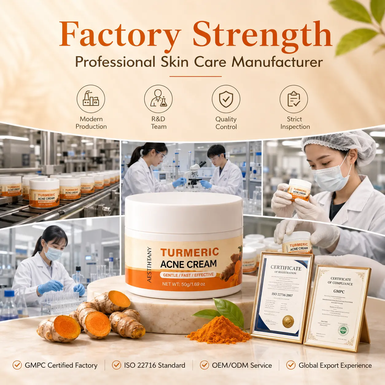 Wholesale OEM Organic Vitamin C Turmeric Face Cream Skin Lightening Whitening Acne Relief Anti-Aging Dark Spots Vegan