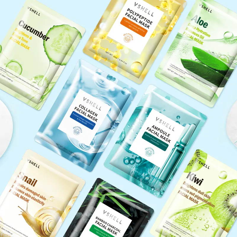 VShell Cucumber Bamboo Charcoal Snail Serum Aloe Vera Collagen Kiwi Polypeptide Ampoule Face Mask Sheet Type Skincare