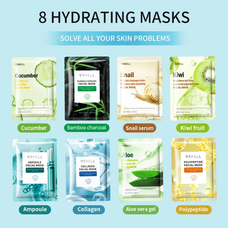 VShell Cucumber Bamboo Charcoal Snail Serum Aloe Vera Collagen Kiwi Polypeptide Ampoule Face Mask Sheet Type Skincare