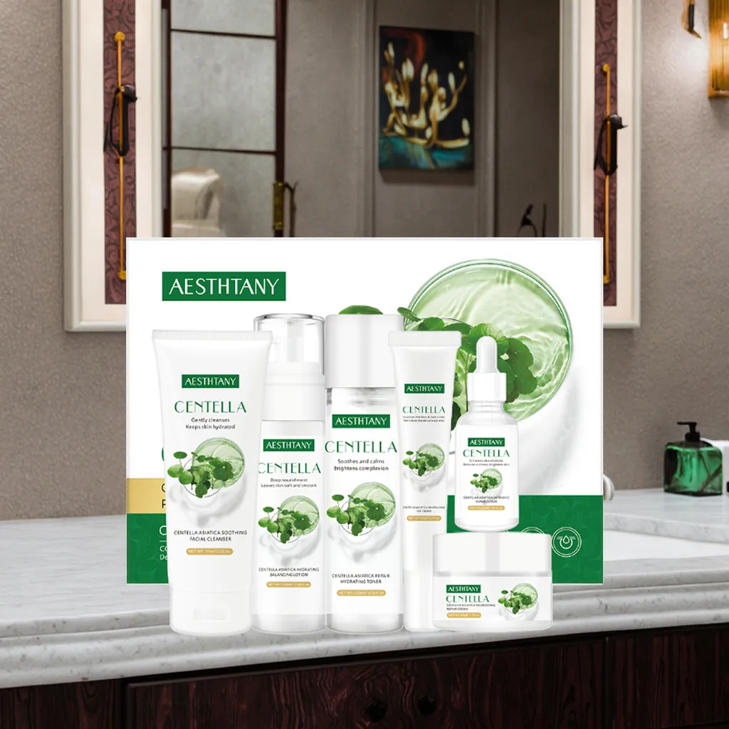 Centella Korean Skin Care Kit Toner Soothing Cream Cleansing Oil Ampoule Foam & Basic Hydrating Skincare-Refresh & Soothe