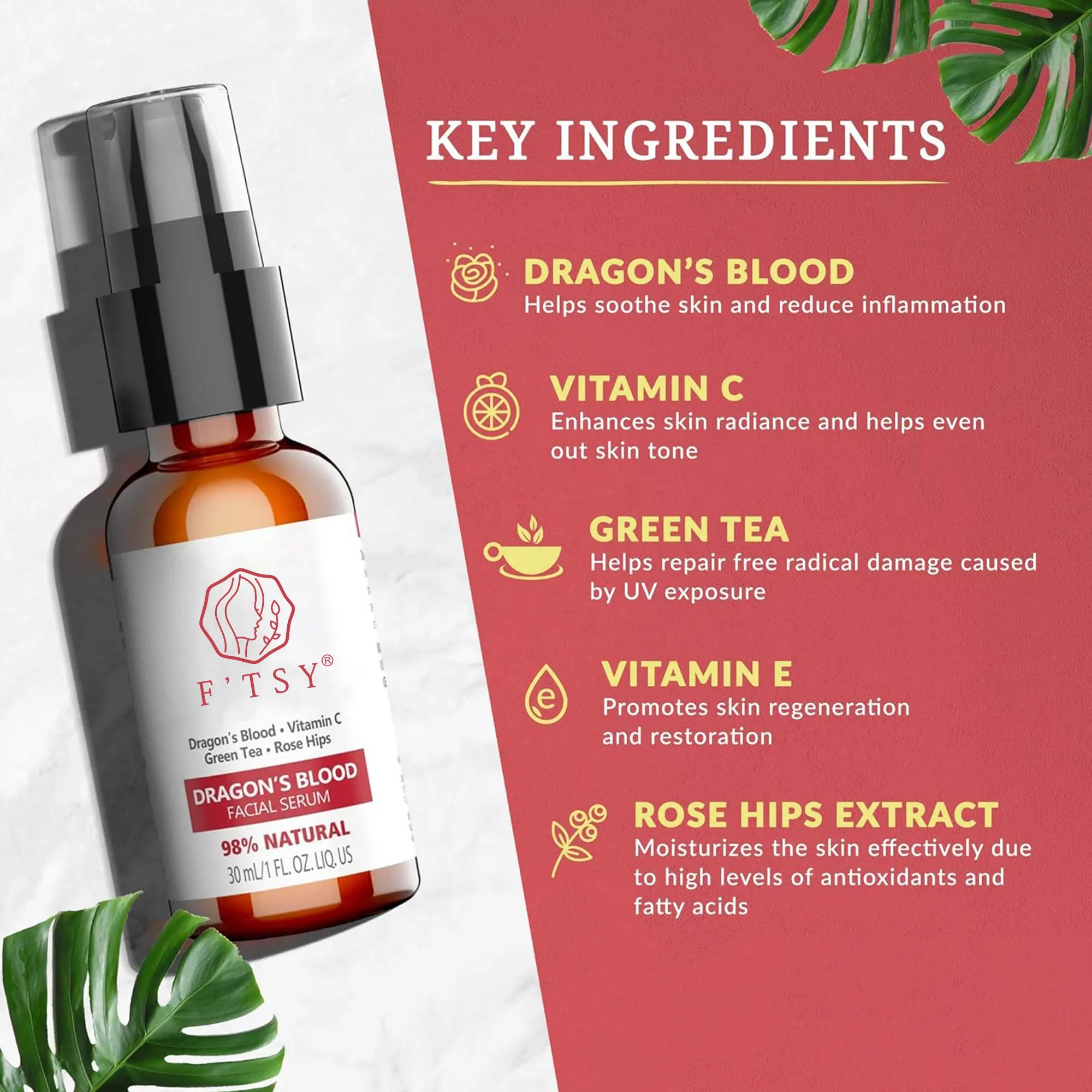 Private Label Anti Aging Brightening Remove Dark Spots Vitamin C Green Tea Dragon's Blood Facial Serum
