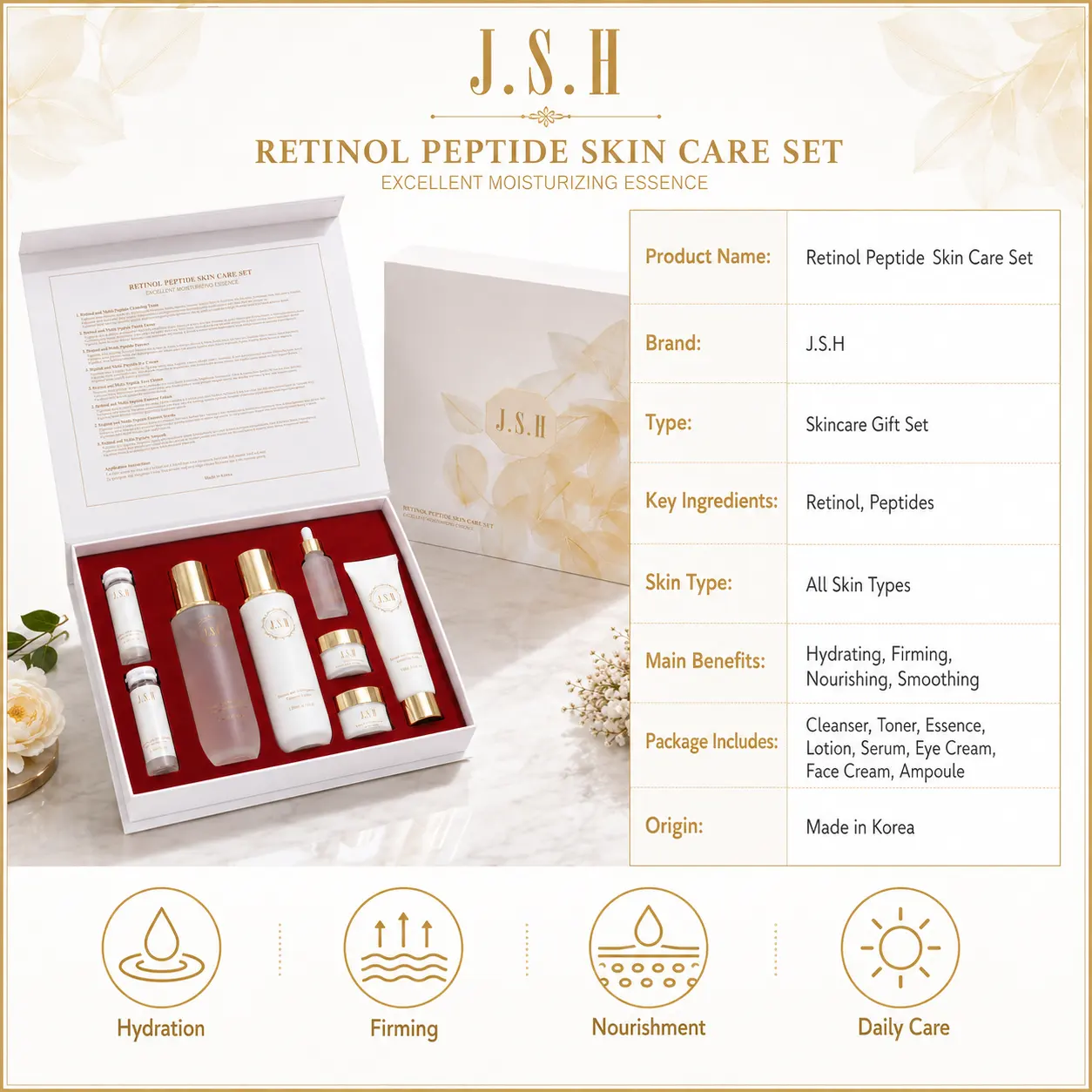 JSH Retinol Multi Peptides Vitamin C Korean Skincare 11-Piece Anti-Aging Hydration Luxury Face Cream Set Premium Beauty