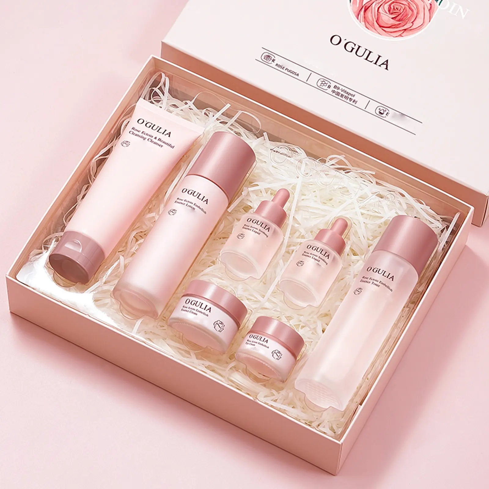 OEM Rose Skincare Set 7pc Hydrating Face Care Kit Ectoine Bifid Yeast Turkic Rose Oil Herbal Anti-Aging Complete Nourishing