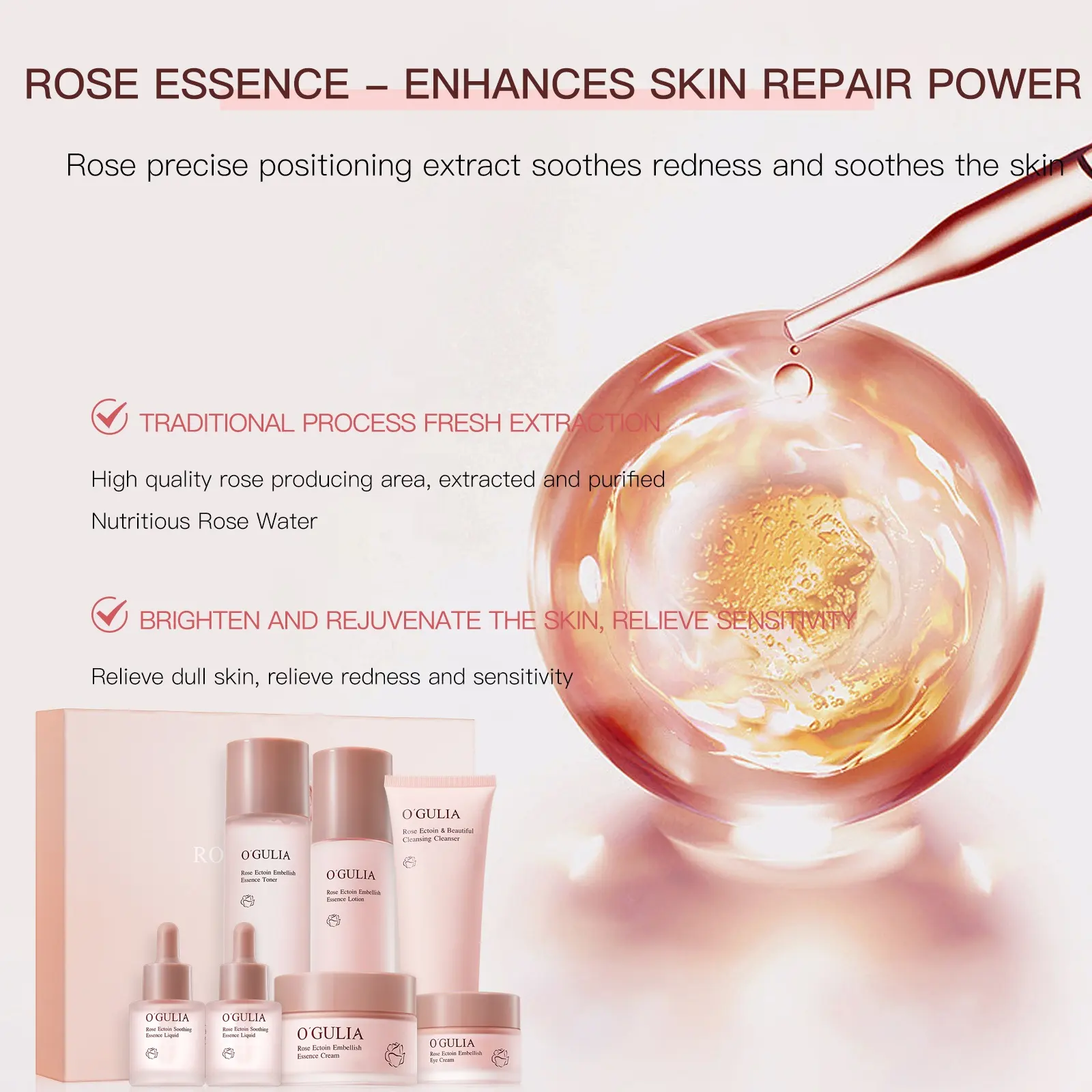 OEM Rose Skincare Set 7pc Hydrating Face Care Kit Ectoine Bifid Yeast Turkic Rose Oil Herbal Anti-Aging Complete Nourishing