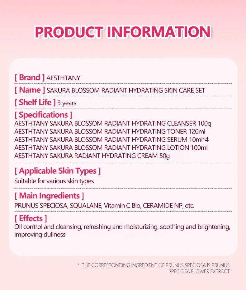 AESTHTANY Sakura Radiance Moisturizing Eight Piece Kit Hydrating Brightening Nourishing Anti Aging Facial Skin Care