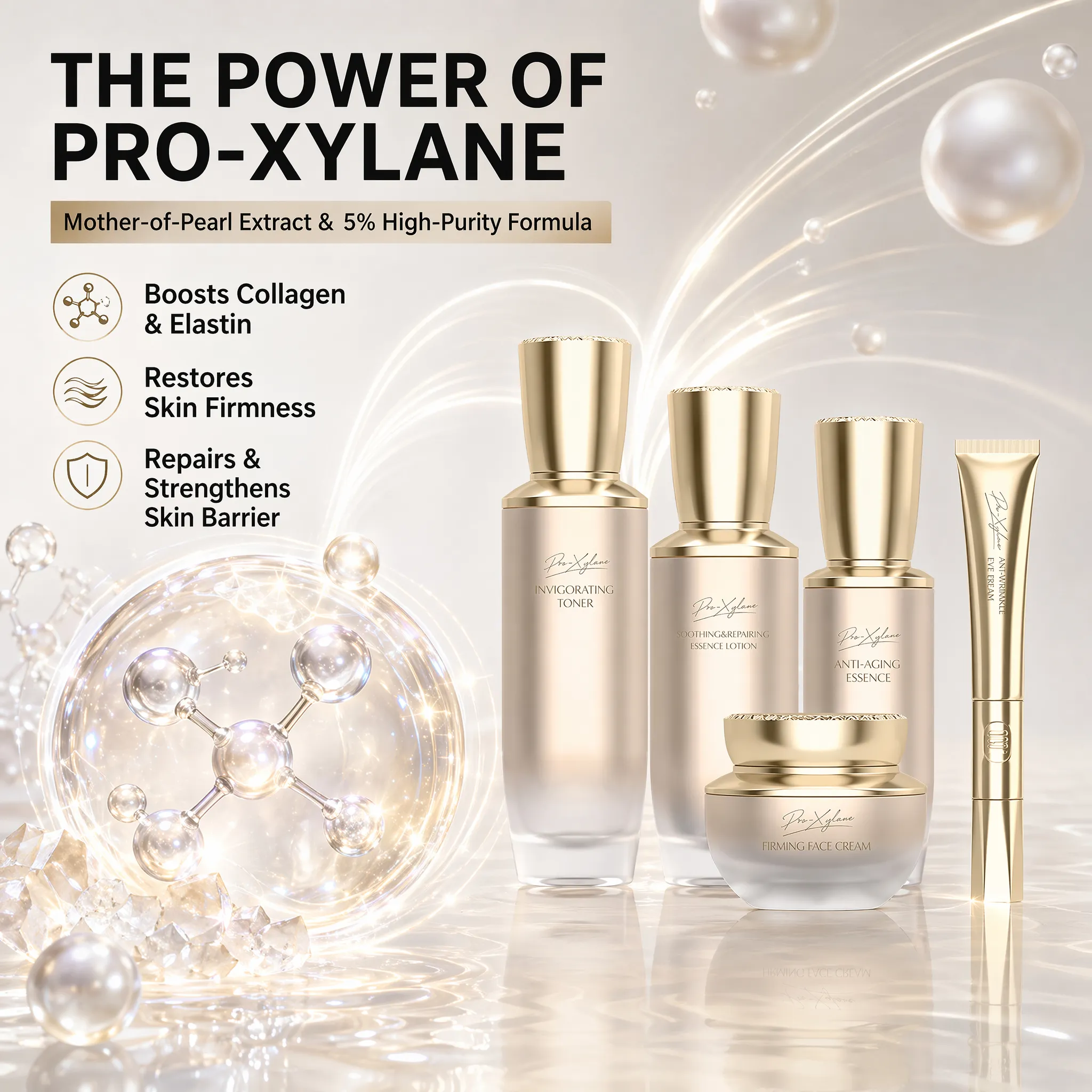 GMPC Factory 5% Pro-Xylane Peptide Firming Skincare Set Age Defying Toner Serum Essence Cream Renewing Kit MoCRA Ready