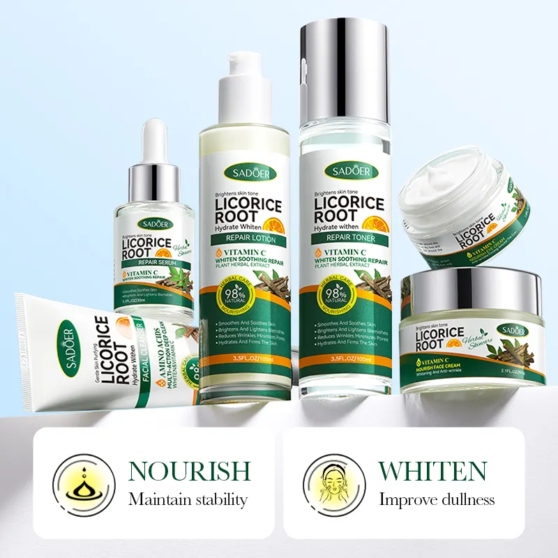 OEM SADOER Korean Skincare Licorice Root Amino Acids Brightening Set Wholesale Natural Vitamin C Whiten Nourish Adult Face Care