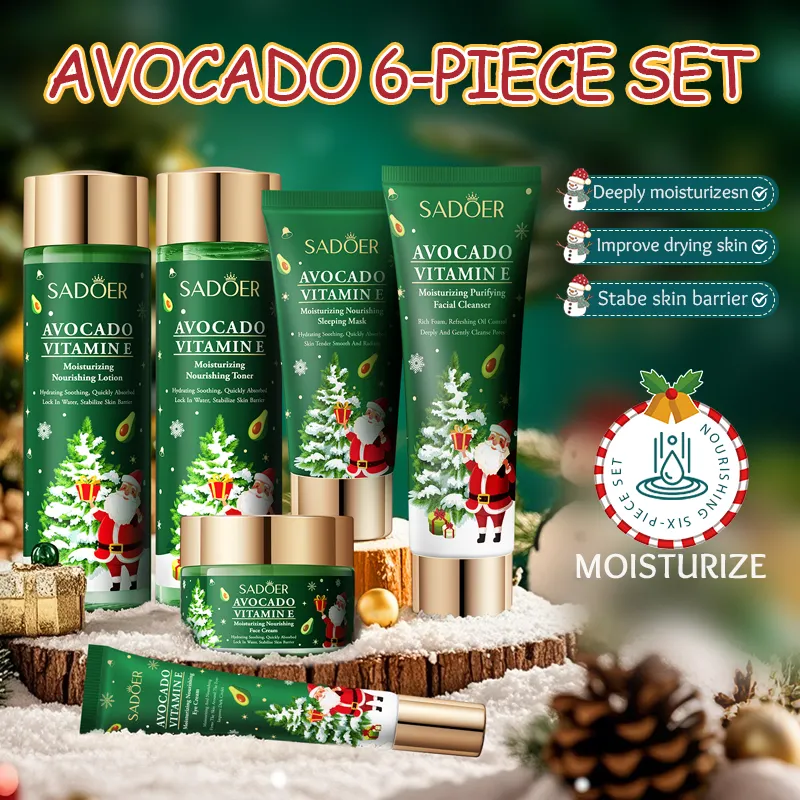 Hot Sale OEM SADOER Christmas Avocado Hyaluronic Acid Face Moisturizing Cream & Lotion 6-Piece Skincare Gift Set Wholesale