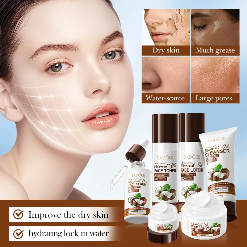 OEM Private Label SADOER Coconut Oil Moisturizing Nourishing Skincare Kit Natural Korean Cosmetics 6PCS Skin Care Set for Women