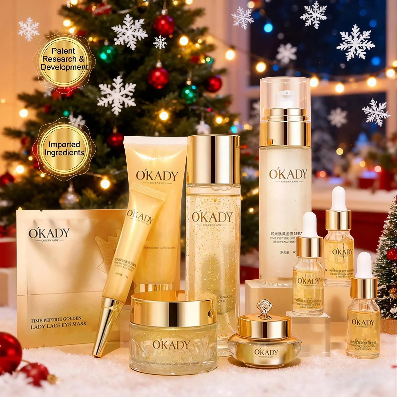 OEM ODM Luxury Hexapeptide-8 Gold Organic Peptide Skincare Anti Aging Face Cream Whitening Lightening 10-Piece Skin Care Set