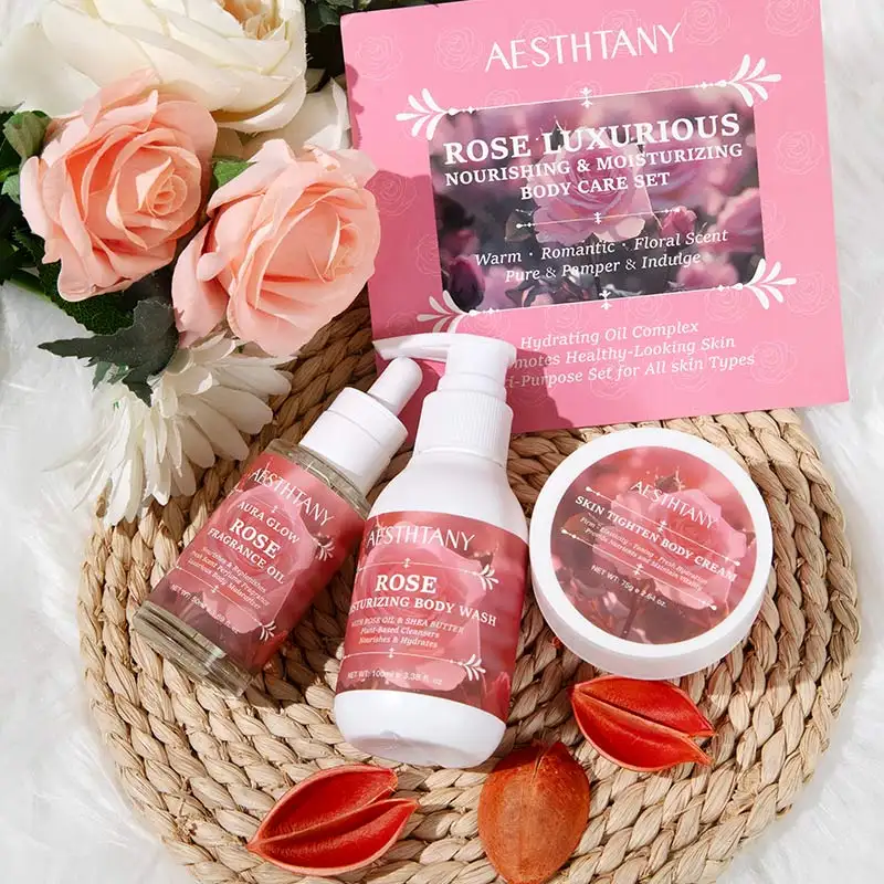 AESTHTANY Organic Nourishing Hydrating Soothing Rose Essential Oil Body Cream Shower Gel Set for Children Whitens Moisturizes