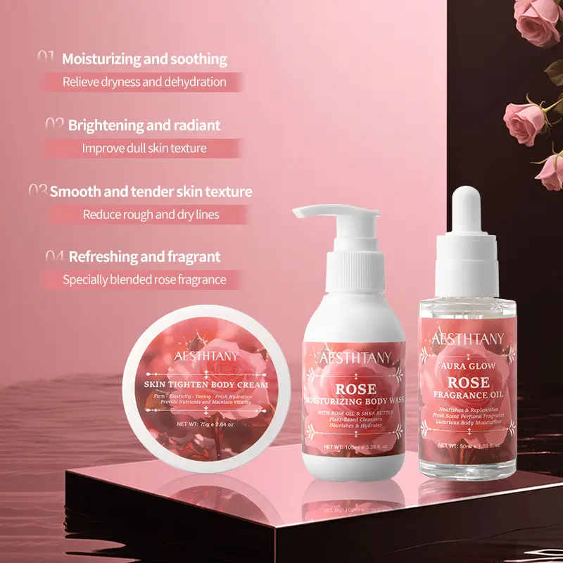 AESTHTANY Organic Nourishing Hydrating Soothing Rose Essential Oil Body Cream Shower Gel Set for Children Whitens Moisturizes