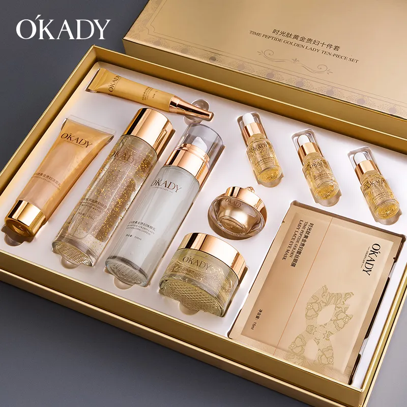 Private Label Anti Aging and Wrinkles Repairing Glow Brightening Time Peptide Golden Laydy 10-pieces Set for Daily Skincare SPA