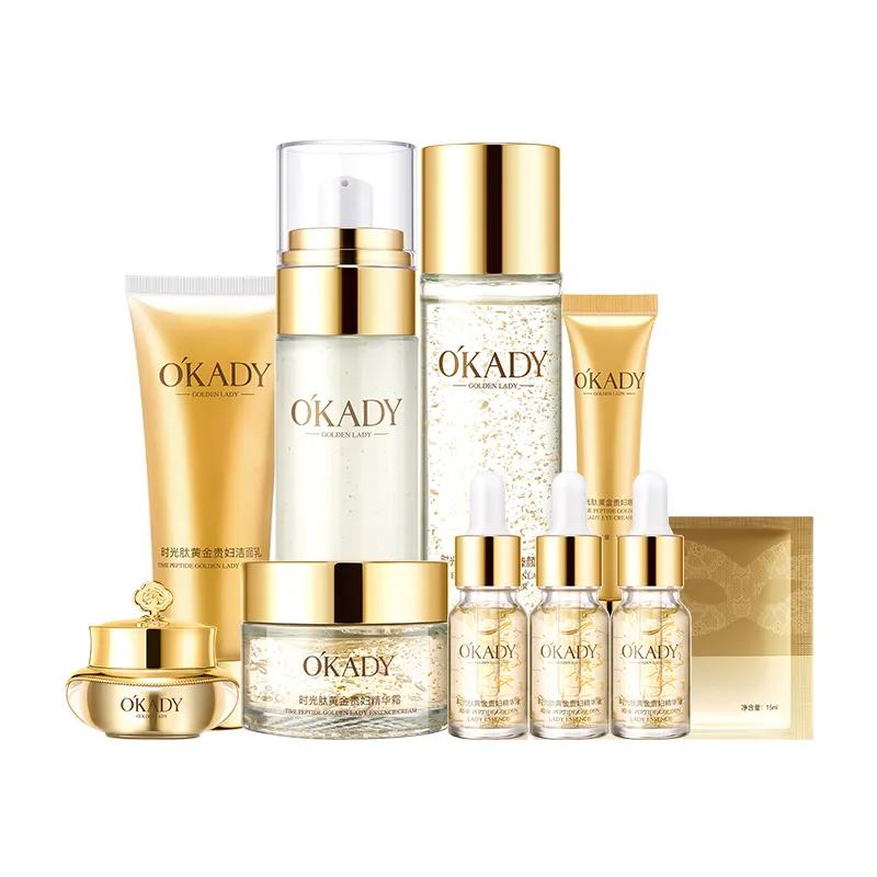 Private Label Anti Aging and Wrinkles Repairing Glow Brightening Time Peptide Golden Laydy 10-pieces Set for Daily Skincare SPA