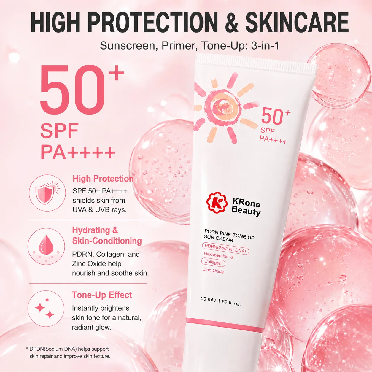 GMPC Factory PDRN Pink Tone Sun Serum Peptide Collagen Firming Sun Cream SPF 50+ PA++++ Brightening Sunscreen for All Skin Types