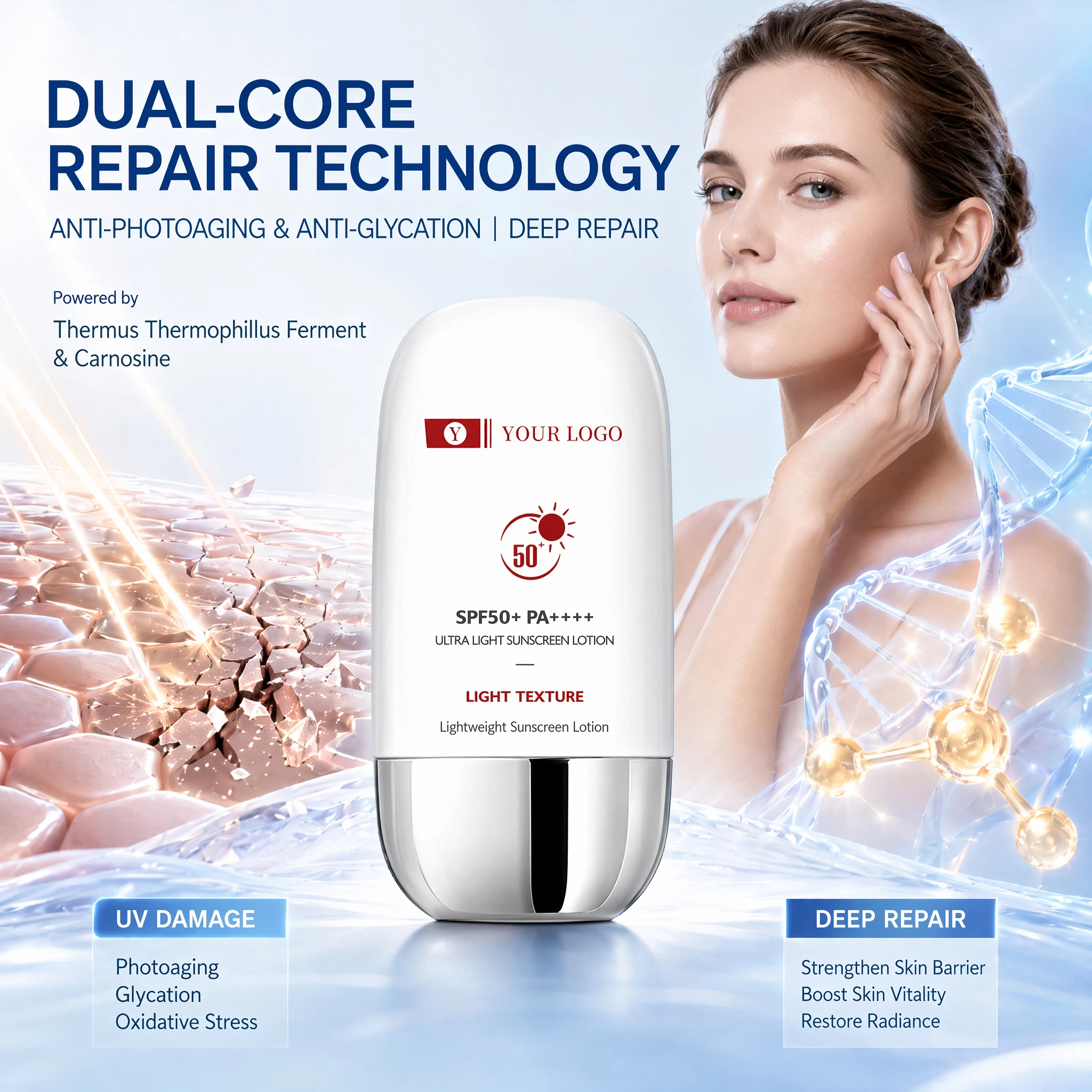 GMPC Factory Sunscreen SPF50 PA++++ UVA UVB Protection Nourishing Moisturizer Soothing Patented Gentian Extract MoCRA Ready