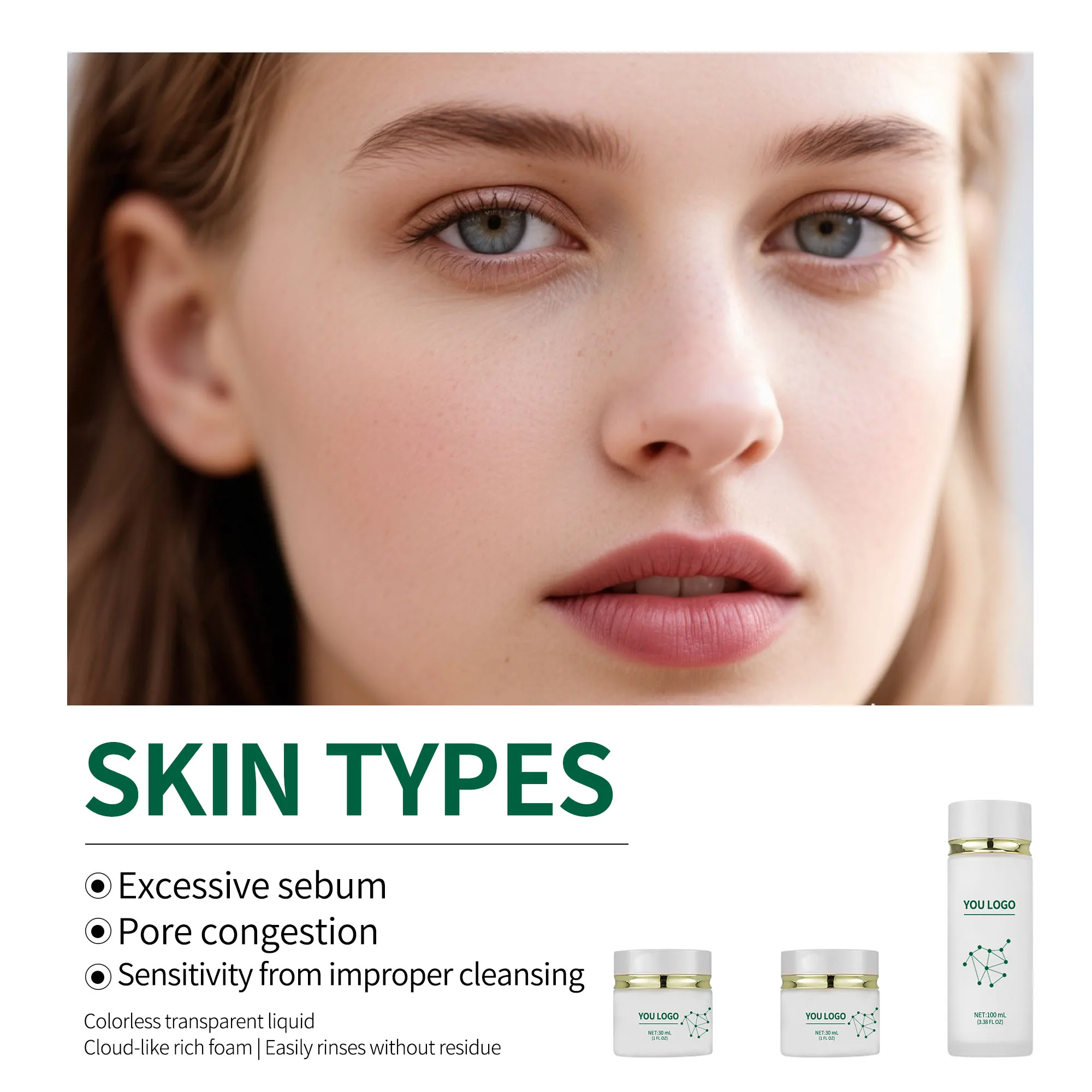 Private Label Acne Control Regimen Set Hyaluronic Acid Amino Acids + Ceramides Hydrating Moisturizer Salicylic Acid Zinc for Oil