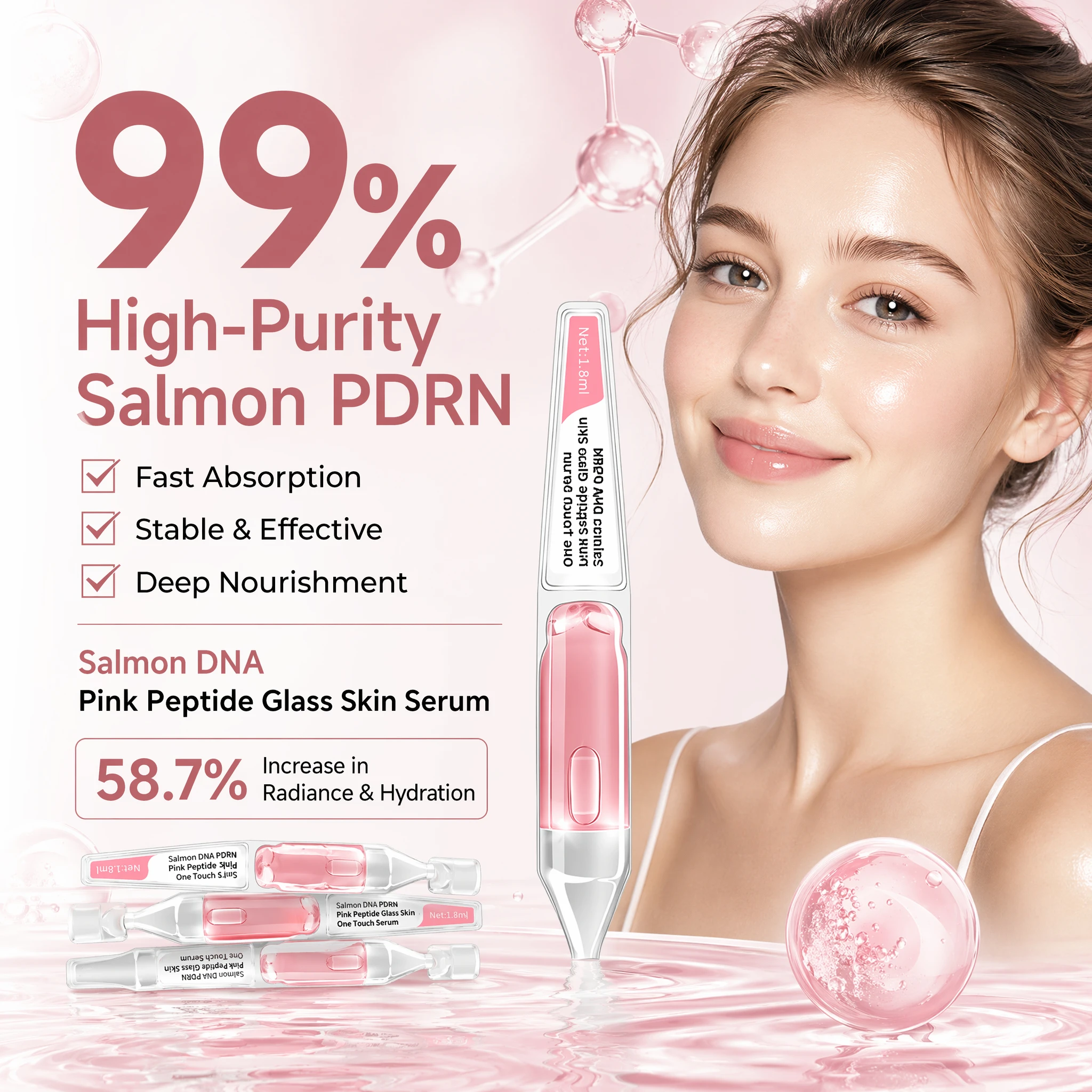 GMPC Factory 99% Salmon DNA PDRN Serum 285Da Collagen BFS Aseptic Pink Peptide Age Defying Radiance Ampoule MoCRA Ready