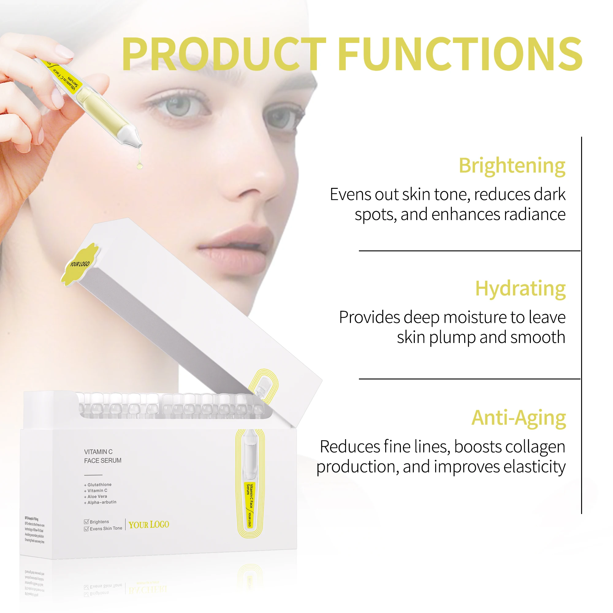 GMPC Factory Private Label Vitamin C Brightening Anti-Wrinkle Anti-Aging Face Serum Vials Even Tone Eco-Friendly MoCRA Ready