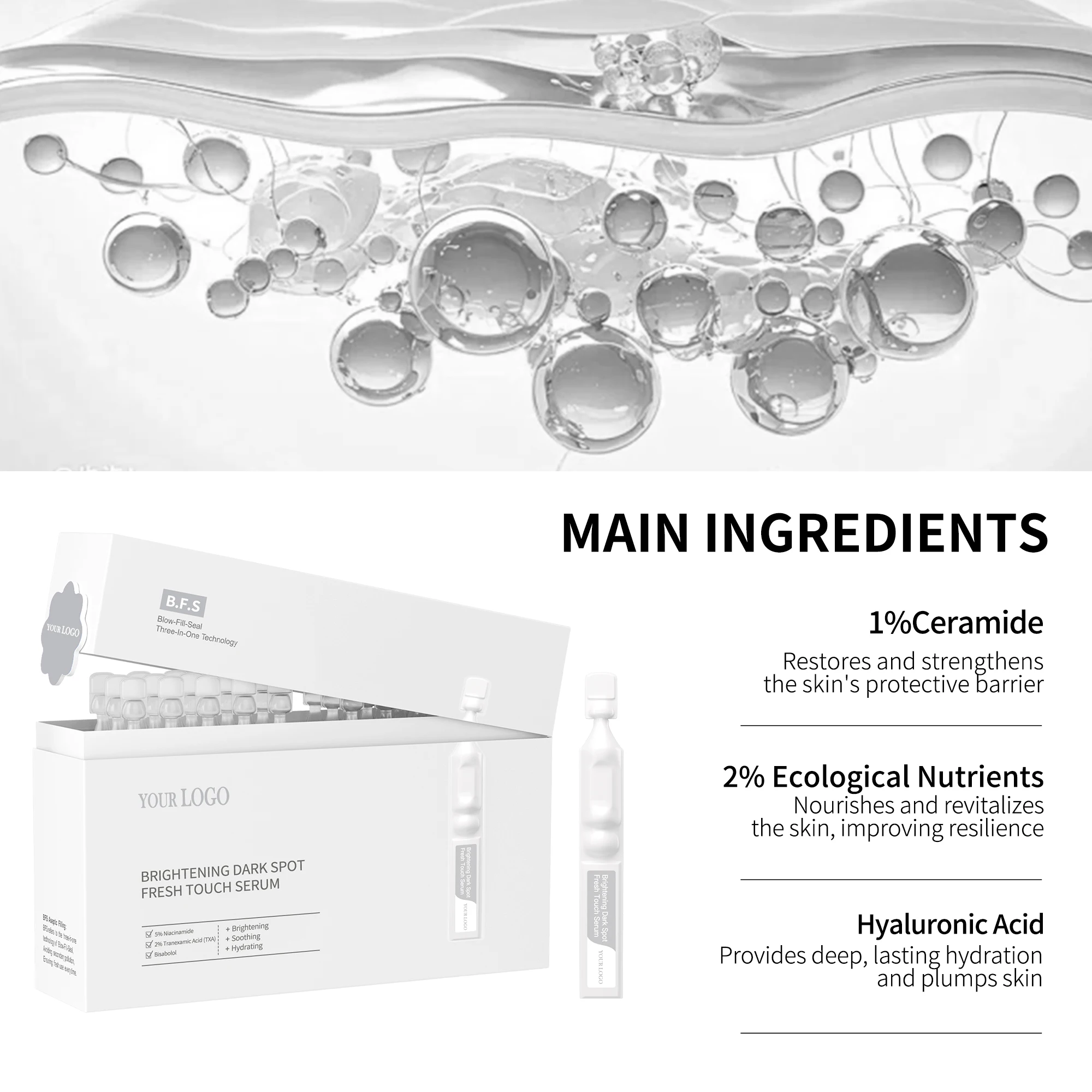 GMPC Factory 5% Niacinamide 2% Tranexamic Acid Brightening Face Ampoule Serum Soothing Paraben Free OEM MoCRA Ready