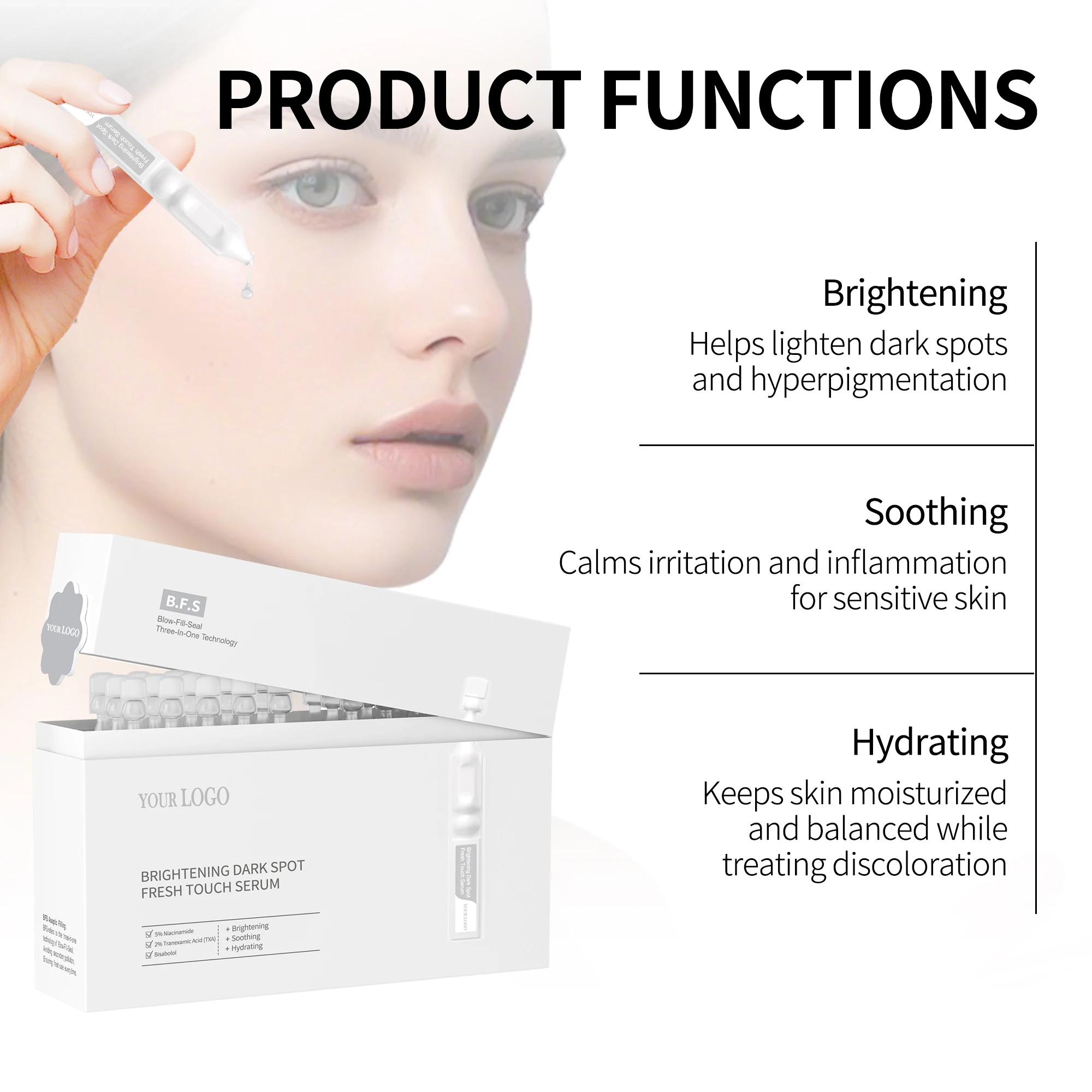 GMPC Factory 5% Niacinamide 2% Tranexamic Acid Brightening Face Ampoule Serum Soothing Paraben Free OEM MoCRA Ready