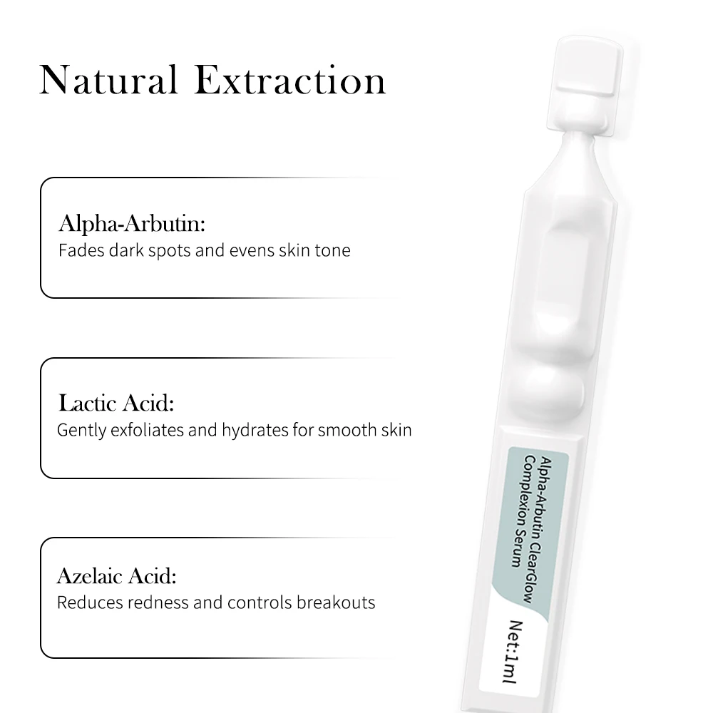 Premium Alpha-Arbutin ClearGlow Complexion Face Serum with Lactic Acid Exfoliating for Redness and Mild Breakouts